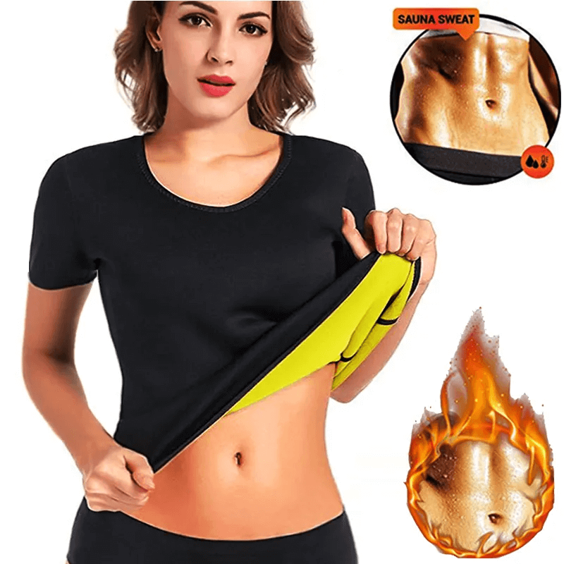 Woman wearing Sauna Sweat Enhancing T-Shirt, demonstrating its slimming effect with close-up of fabric and sweat-boosting feature.